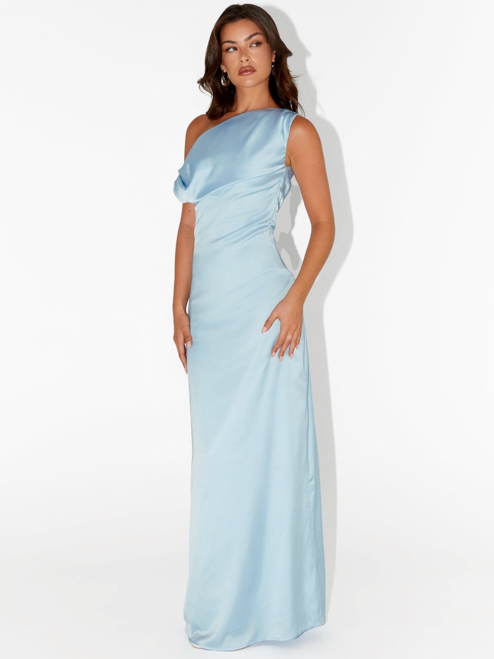 Peppermayo One-Shoulder Satin Gown in Light Blue